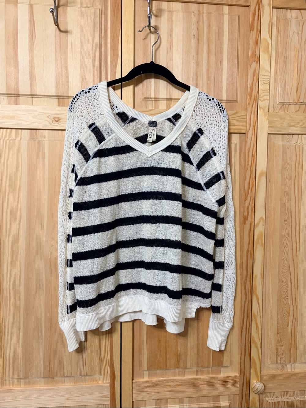 We The Free Cream and Black Striped V-Neck Sweater